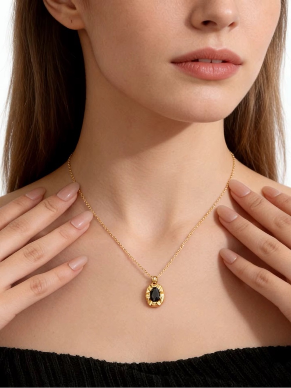 18K Gold Plated Vintage-Inspired Oval Black Stone Pendant Necklace - Picture 9 of 12